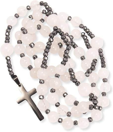 Hematite Stone Beaded Rosary Necklace with Black Metal Cross - Nazareth Store
