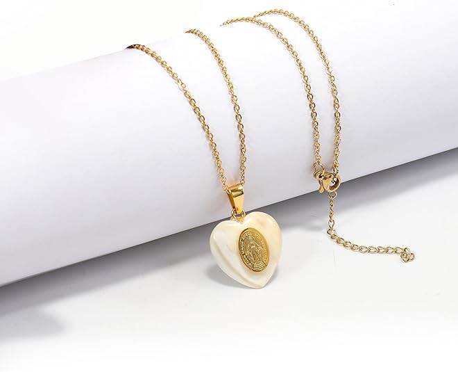 Mother of Pearl Pendant Miraculous Medal on 18K Gold Plated Chain Necklace - Nazareth Store