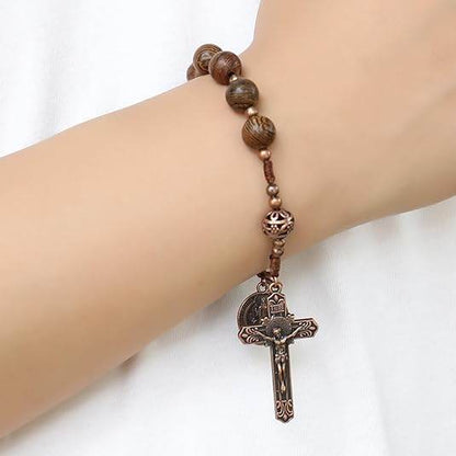 St. Benedict Wood Beads One Decade Car Mirror Beads Rosary with Cross - Nazareth Store