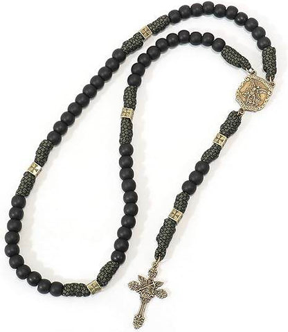 Antique Bronze Metal Rugged Paracord Rosary Necklace Black Matte Prayer Beads with Saint Medal and Crucifix Cross - Nazareth Store