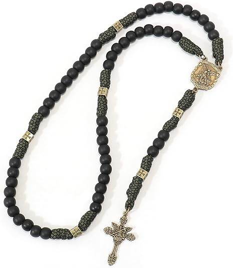 Antique Bronze Metal Rugged Paracord Rosary Necklace Black Matte Prayer Beads with Saint Medal and Crucifix Cross - Nazareth Store