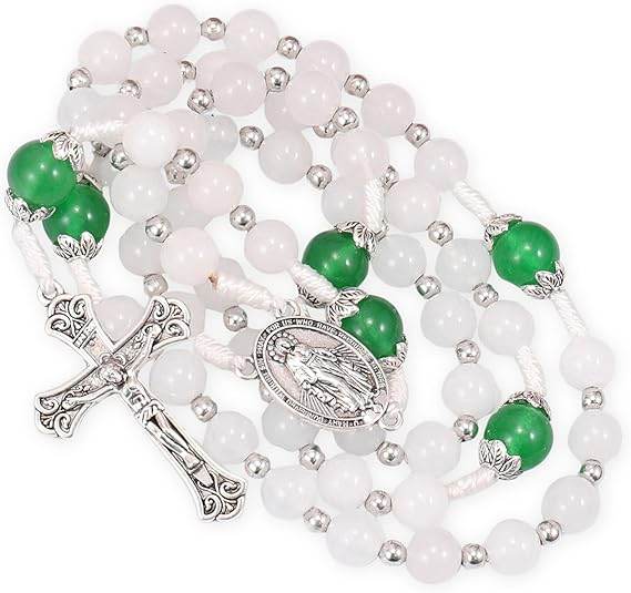 White Jade & Natural Stone Beads Rosary Necklace St. Miraculous Medal & Cross Crucifix - Nazareth Store