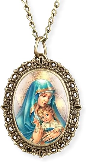 Antique Bronze Pocket Watch Pendant with Holy Mary & Baby Jesus Icon, Christian Madonna Quartz Chain Necklace Nazareth Store