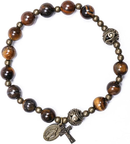 Brown Tiger Eye Rosary Bracelet Metal Separators with Miraculous Medal & Cross Wrist Jewelry (Copy)