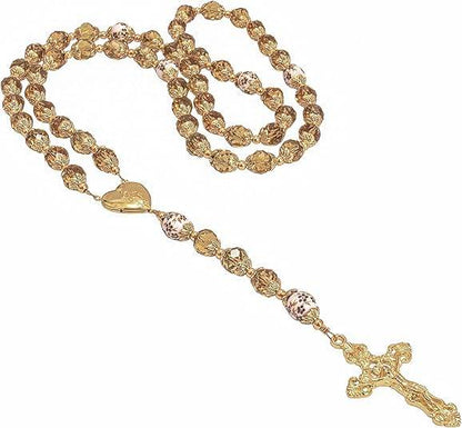 Crystal Beads Gold Flowers Beaded Rosary Necklace Miraculous Heart Locket Medal & Cross - Nazareth Store