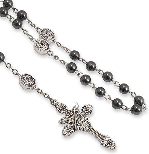 Hematite Rosary Necklace with Silver Archangel Medal & St. Michael Cross - Nazareth Store