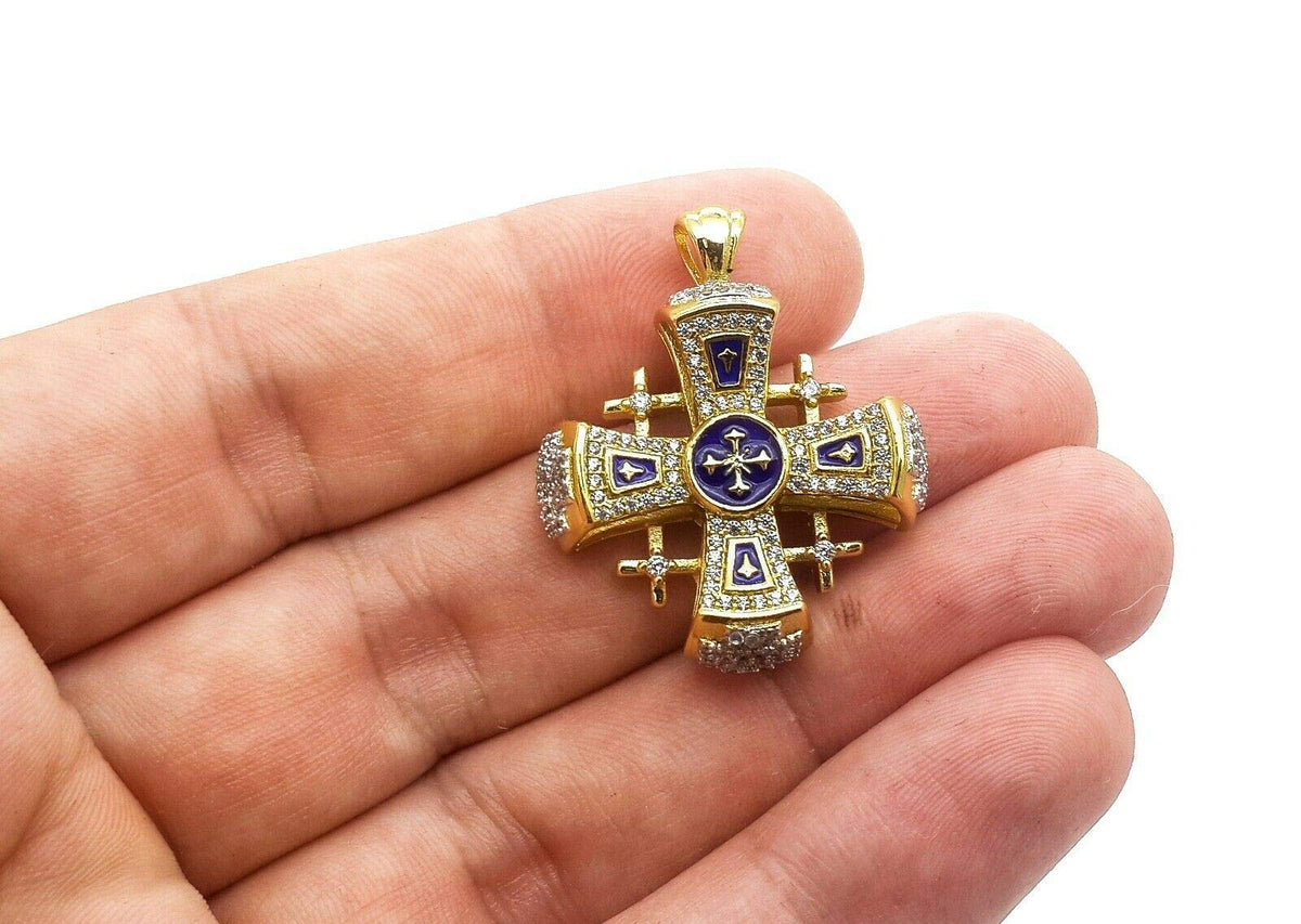 Blue Enamel Jerusalem Cross Pendant Necklace 18k Gold Plating Crystallized Stones - Nazareth Store