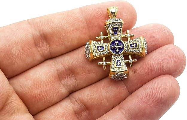 Blue Enamel Jerusalem Cross Pendant Necklace 18k Gold Plating Crystallized Stones - Nazareth Store