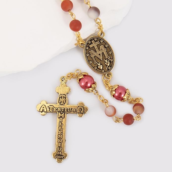 Red Matte Stone Rosary Necklace with Miraculous Medal & Gold Tone Crucifix