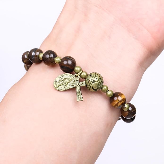 Brown Tiger Eye Rosary Bracelet Metal Separators with Miraculous Medal & Cross Wrist Jewelry (Copy)