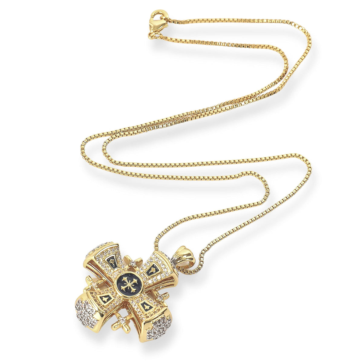 Blue Enamel Jerusalem Cross Pendant Necklace 18k Gold Plating Crystallized Stones - Nazareth Store