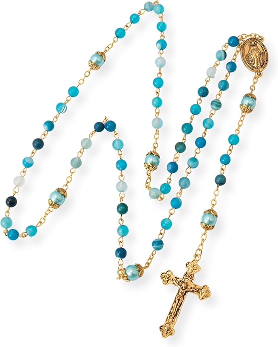 Blue Matte Stone Rosary Necklace with Miraculous Medal & Cross