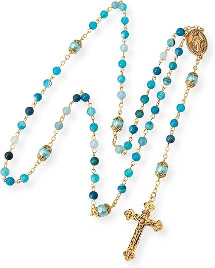 Matte Stone & Pearl Round Beads Rosary Gold Necklace Miraculous Medal & Cross - Nazareth Store