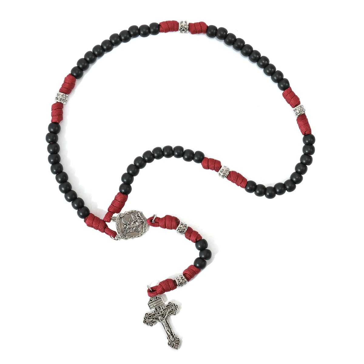 St.Michael Black Beads Red Paracord Rosary Rugged Beaded Pardon Cross - Nazareth Store