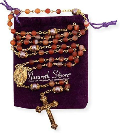 Matte Stone & Pearl Round Beads Rosary Gold Necklace Miraculous Medal & Cross - Nazareth Store
