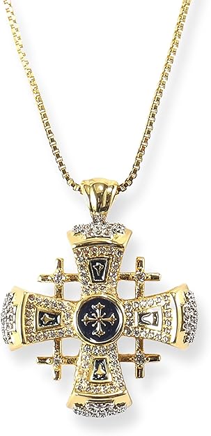 Blue Enamel Jerusalem Cross Pendant Necklace 18k Gold Plating Crystallized Stones Nazareth Store
