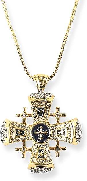 Blue Enamel Jerusalem Cross Pendant Necklace 18k Gold Plating Crystallized Stones Nazareth Store