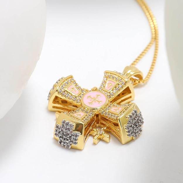 Pink Enamel Jerusalem Cross Pendant Necklace 18k Gold Plating Crystallized Stones Nazareth Store