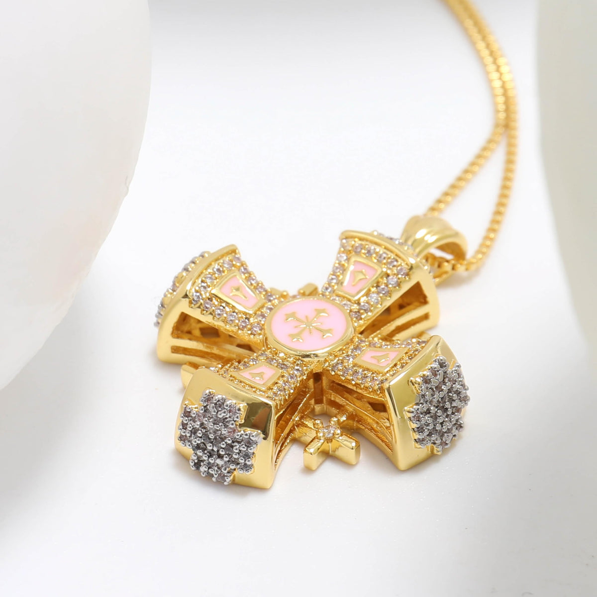 Pink Enamel Jerusalem Cross Pendant Necklace 18k Gold Plating Crystallized Stones - Nazareth Store