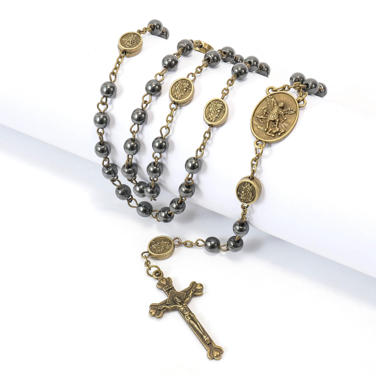 Black Hematite Bronze St. Michael Stone Beads Rosary Necklace with Metal Box - Nazareth Store