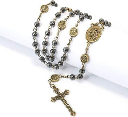 Black Hematite Bronze St. Michael Stone Beads Rosary Necklace with Metal Box - Nazareth Store