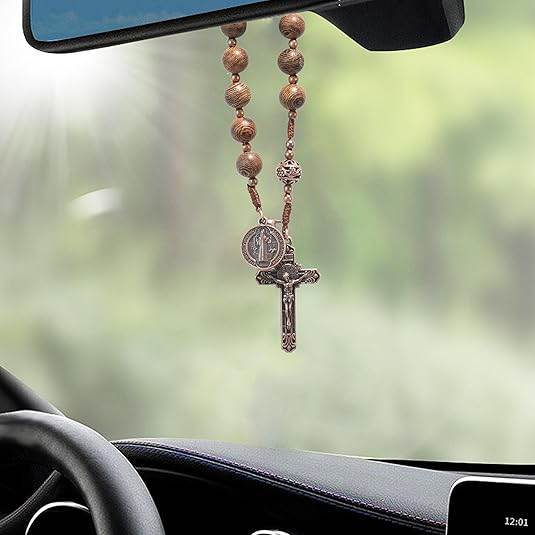 St. Benedict Wood Beads One Decade Car Mirror Beads Rosary with Cross - Nazareth Store