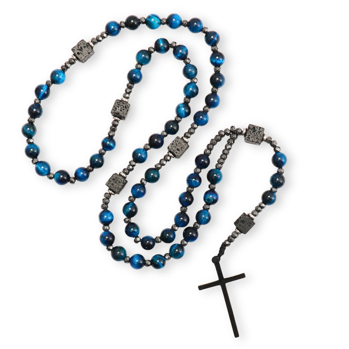 Blue Tiger Eye & Lava Stone 9mm Beads Rosary Necklace with Black Alloy Cross - Nazareth Store