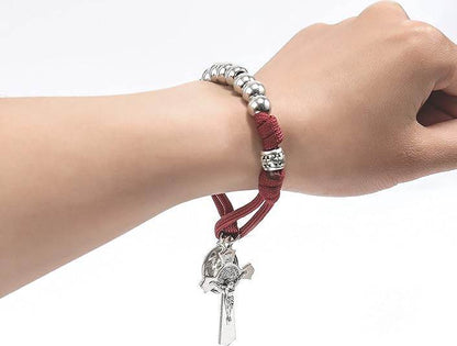 Silver Beads Red Paracord Pocket Car Rosary St. Joseph Medal & St. Benedict Cross - Nazareth Store