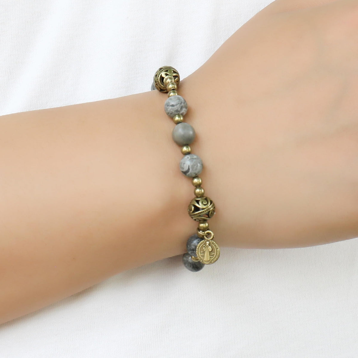 St. Benedict Map Stone Beads Durable and Elegant Wrist Bracelet Rosary with Metal Separators and Catholic Medal - Nazareth Store