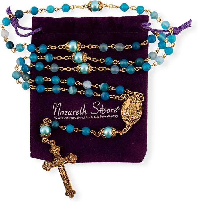 Blue Matte Stone Rosary Necklace with Miraculous Medal & Cross