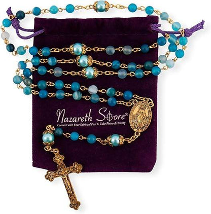 Matte Stone & Pearl Round Beads Rosary Gold Necklace Miraculous Medal & Cross - Nazareth Store