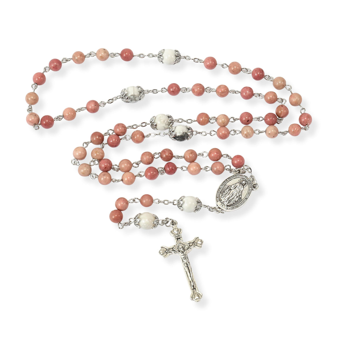 White Howlite Pink Aventurine Beads Rosary Necklace Miraculous Medal Holy Mary Box - Nazareth Store
