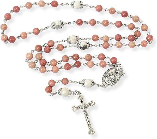 White Howlite Pink Aventurine Beads Rosary Necklace Miraculous Medal Holy Mary Box - Nazareth Store