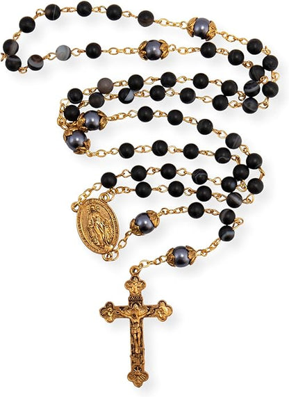 Black Matte Stone Rosary Necklace with Pearl Beads Miraculous Medal & Cross