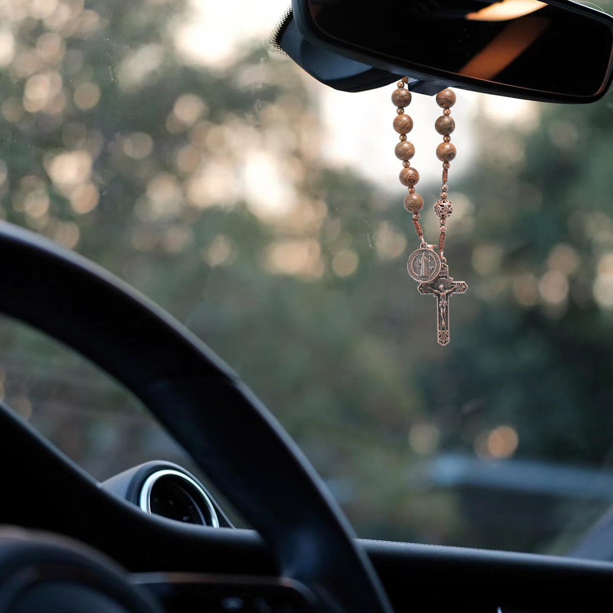 St. Benedict Wood Beads One Decade Car Mirror Beads Rosary with Cross - Nazareth Store