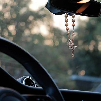 St. Benedict Wood Beads One Decade Car Mirror Beads Rosary with Cross - Nazareth Store