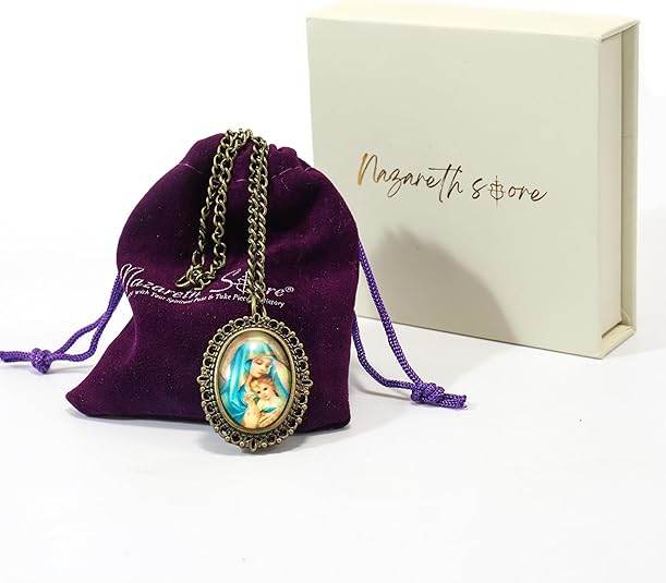 Antique Bronze Pocket Watch Pendant with Holy Mary & Baby Jesus Chain Necklace - Nazareth Store