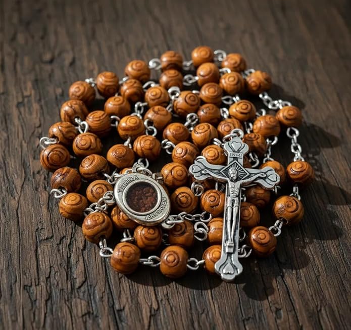 Beads Rosary Carved Olive Wood with Holy Soil Medal - Nazareth Store