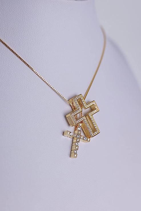 Sterling Silver Cross Pendant 18K Gold Plated Necklace Zirconia Stones Nazareth Store