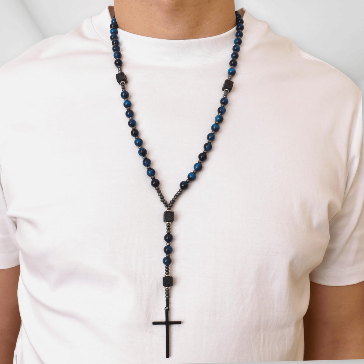 Blue Tiger Eye & Lava Stone 9mm Beads Rosary Necklace with Black Alloy Cross - Nazareth Store