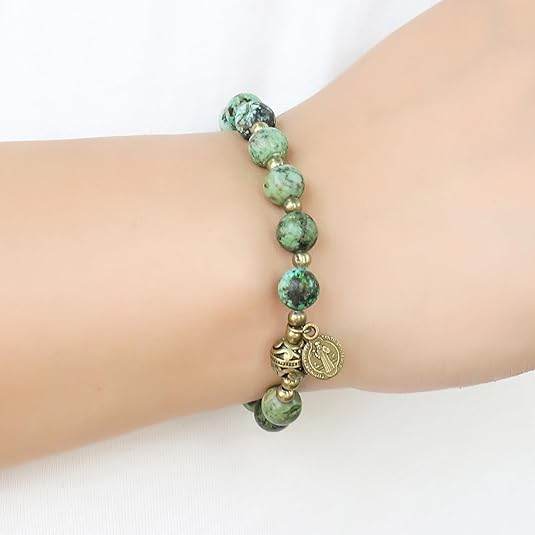 St. Benedict Africa Jasper Stone Beads Wrist Bracelet Rosary with Metal Separators - Nazareth Store