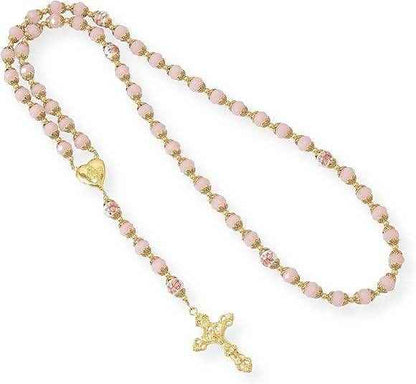 Pink Crystal Beads Gold Flowers Beaded Rosary Necklace Miraculous Heart Locket Medal
