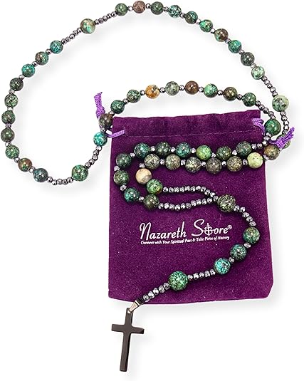 Hematite Stone Beaded Rosary Necklace with Black Metal Cross Nazareth Store