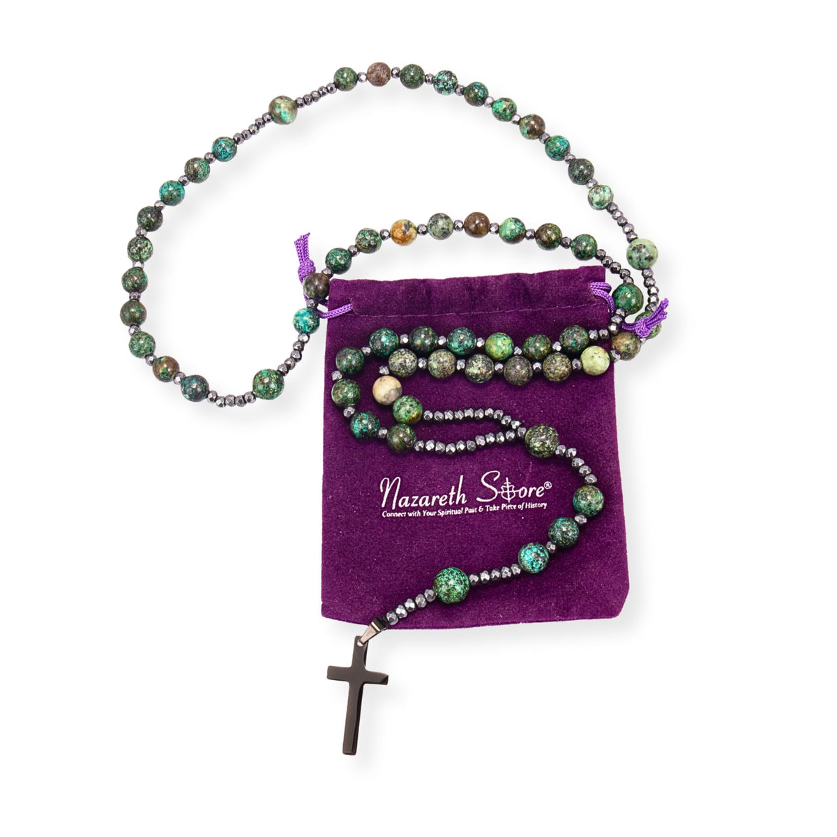 African Jasper Catholic Rosary Necklace with Hematite Beads & Black Cross