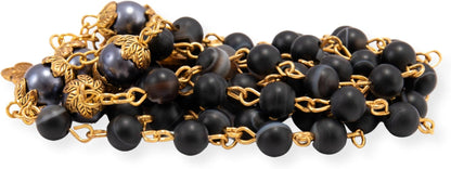 Black Matte Stone Rosary Necklace with Pearl Beads Miraculous Medal & Cross