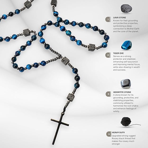 Blue Tiger Eye & Lava Stone 9mm Beads Rosary Necklace with Black Alloy Cross (Copy) Nazareth Store