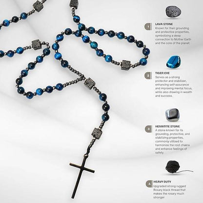 Blue Tiger Eye & Lava Stone 9mm Beads Rosary Necklace with Black Alloy Cross - Nazareth Store