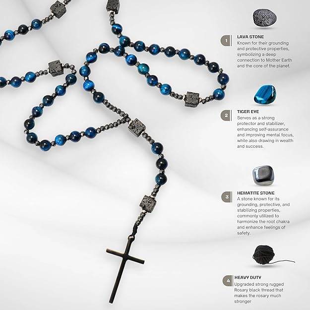 Blue Tiger Eye & Lava Stone 9mm Beads Rosary Necklace with Black Alloy Cross - Nazareth Store