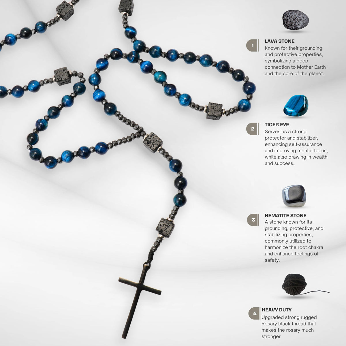 Blue Tiger Eye & Lava Stone 9mm Beads Rosary Necklace with Black Alloy Cross - Nazareth Store