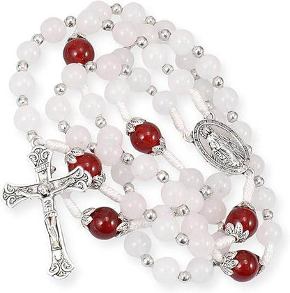 White Jade & Natural Stone Beads Rosary Necklace St. Miraculous Medal & Cross Crucifix - Nazareth Store